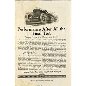 Hudson Motor Car Co. "Performance-Hudson Proves it in Contest & Service" Ad 1920